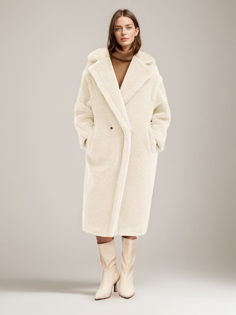 Teddy Coat Lapel Longline Faux Fur Yttertøy For Dame - Elfenben