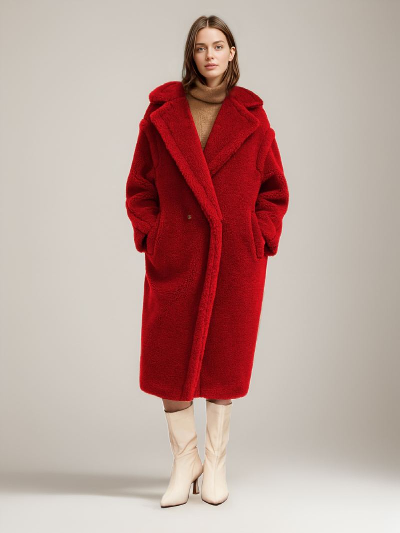 Teddy Coat Lapel Longline Faux Fur Yttertøy For Dame - Rød