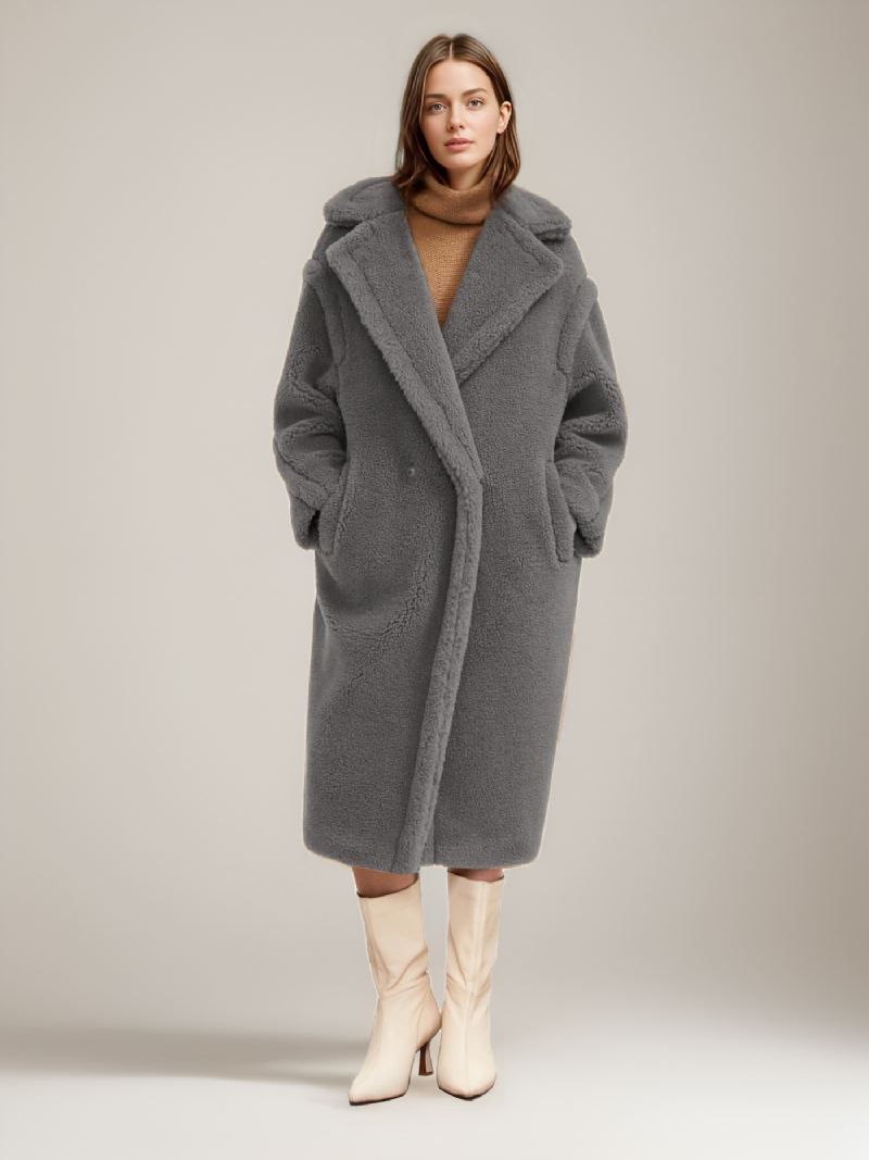 Teddy Coat Lapel Longline Faux Fur Yttertøy For Dame - Lysegrå