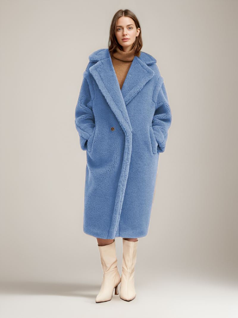 Teddy Coat Lapel Longline Faux Fur Yttertøy For Dame - Blå