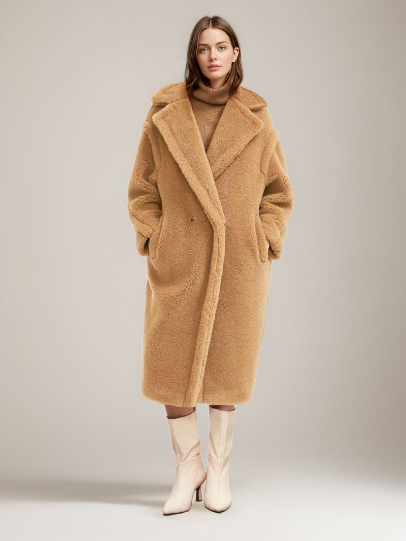 Teddy Coat Lapel Longline Faux Fur Yttertøy For Dame - Kamel