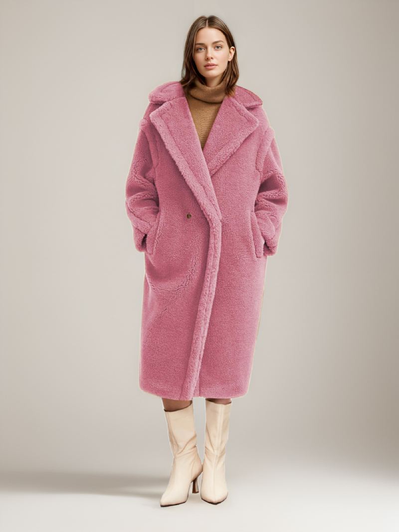 Teddy Coat Lapel Longline Faux Fur Yttertøy For Dame - Rosa