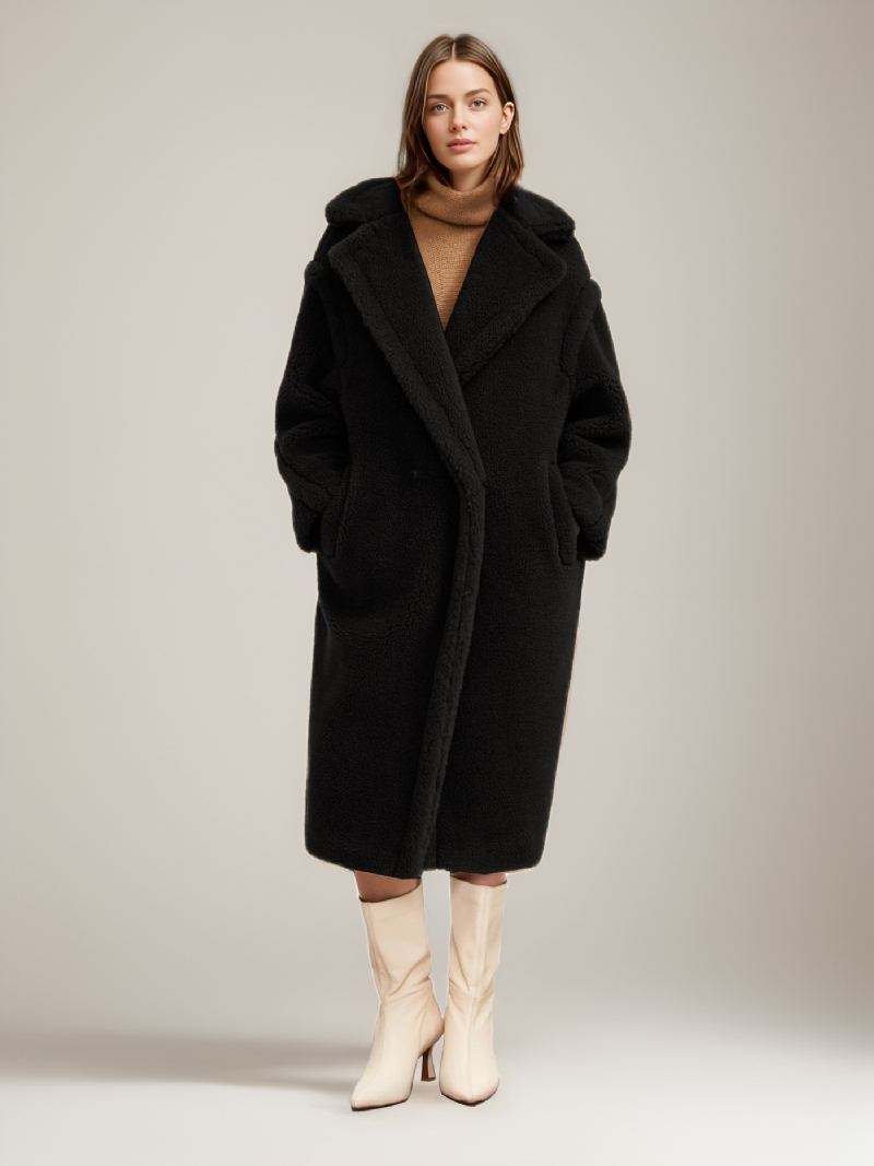 Teddy Coat Lapel Longline Faux Fur Yttertøy For Dame - Sort