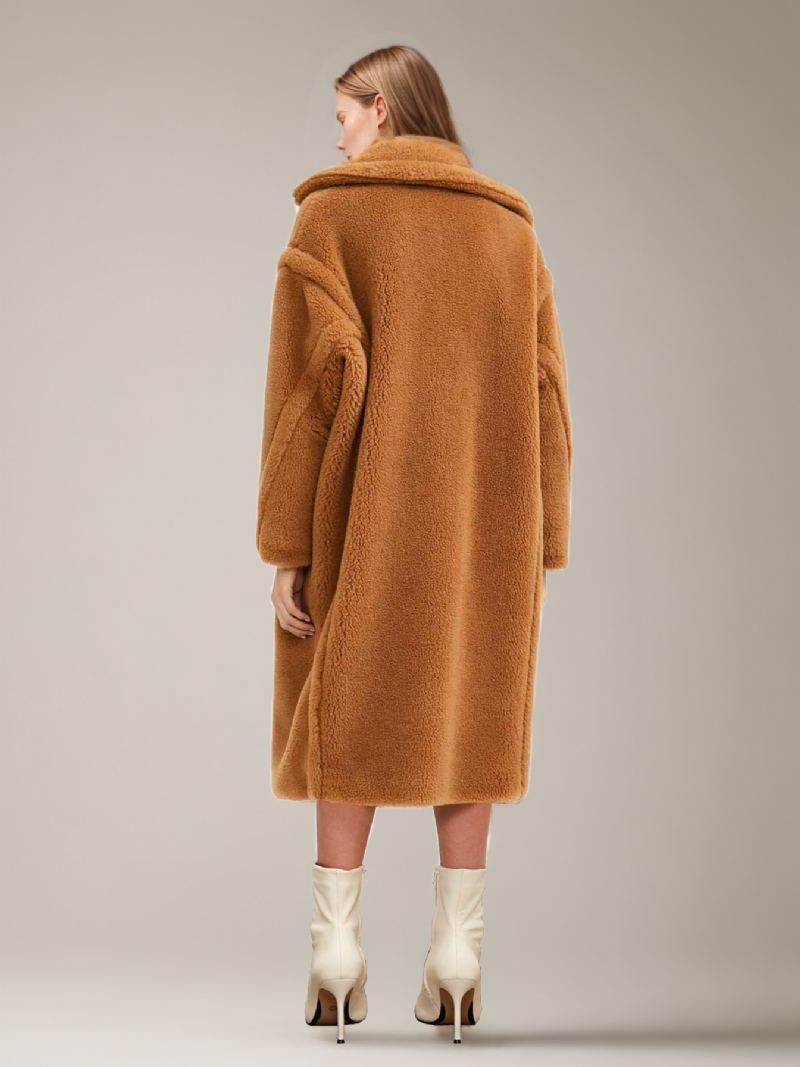 Teddy Coat Lapel Longline Faux Fur Yttertøy For Dame - Khaki