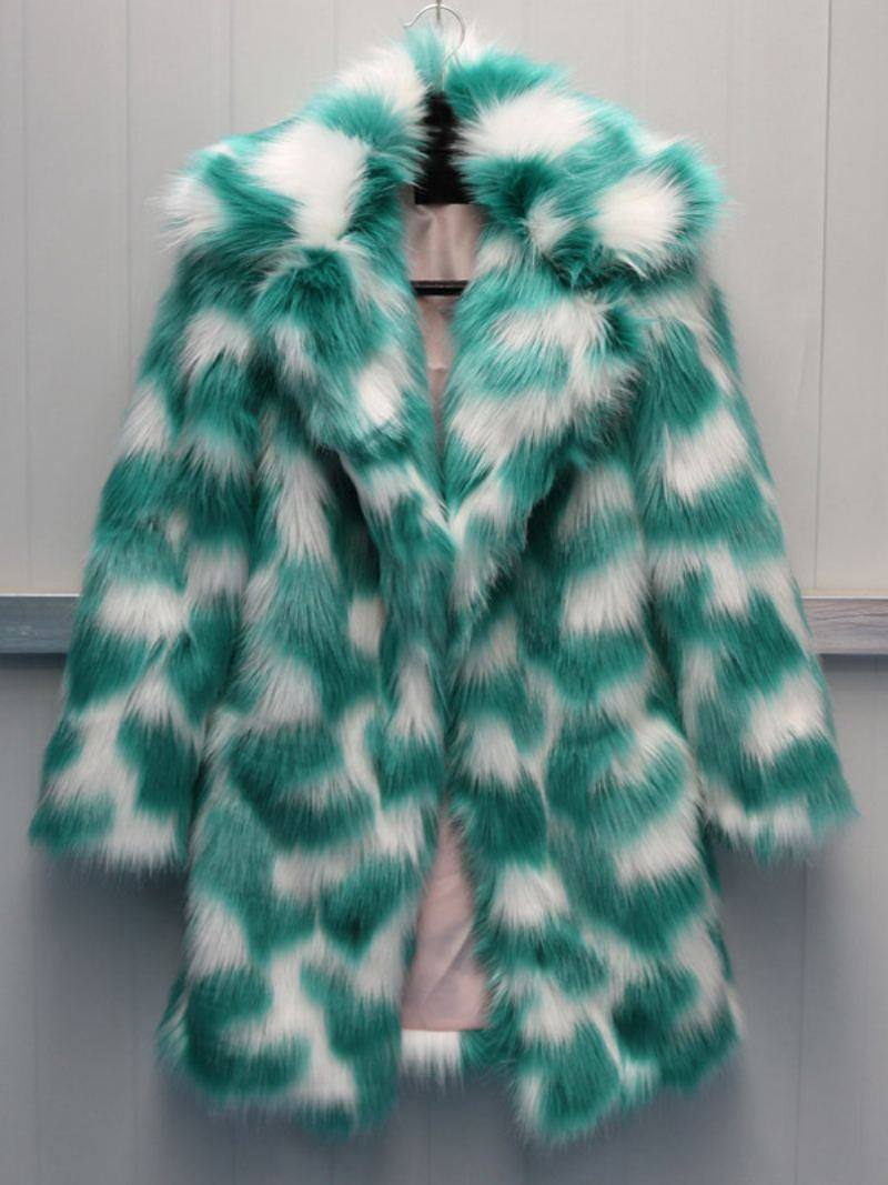 To-en Fuzzy Coat Lapel Langermet Faux Fur For Dame - Grønn