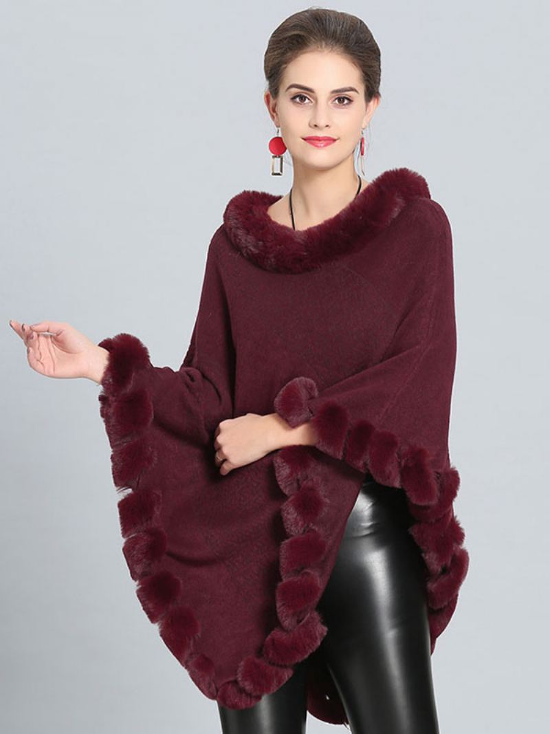 Burgund Poncho Pels Hem Cape Spring Yttertøy For Dame