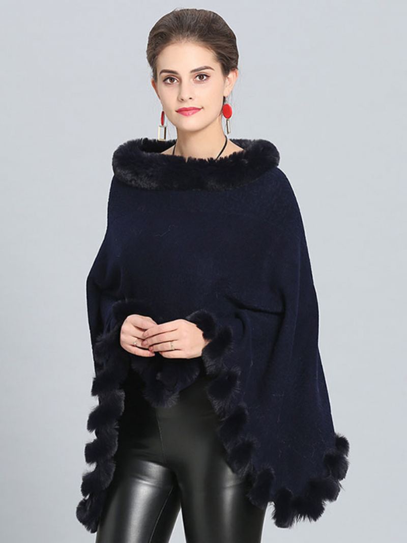 Burgund Poncho Pels Hem Cape Spring Yttertøy For Dame - Mørk Navy