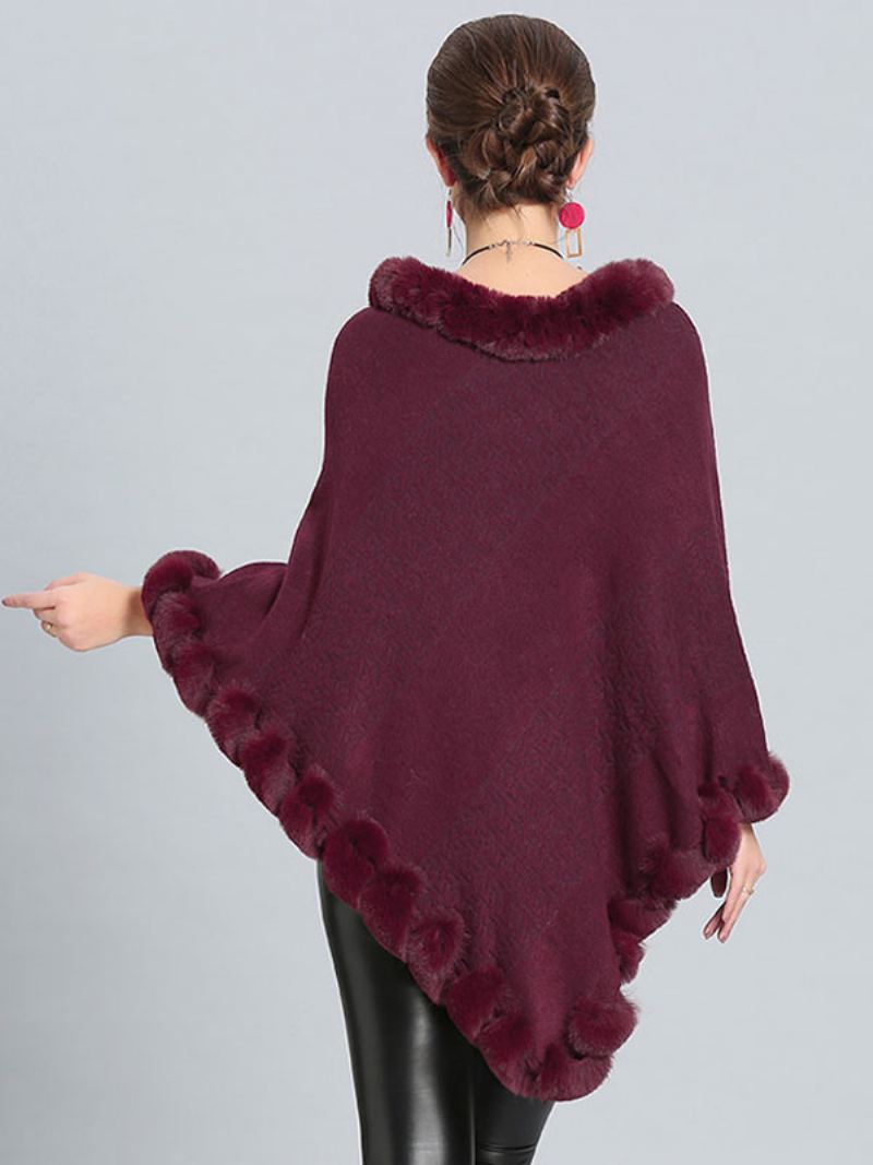 Burgund Poncho Pels Hem Cape Spring Yttertøy For Dame - Burgunder