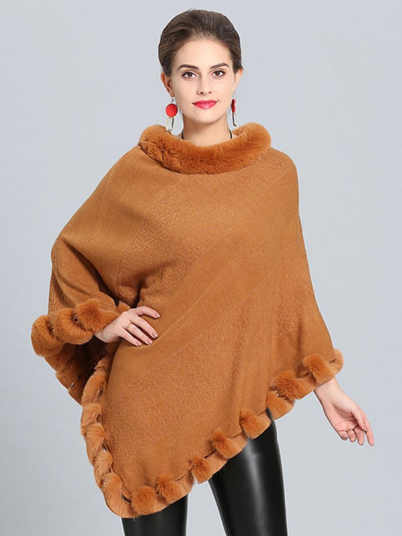 Burgund Poncho Pels Hem Cape Spring Yttertøy For Dame - Kamel