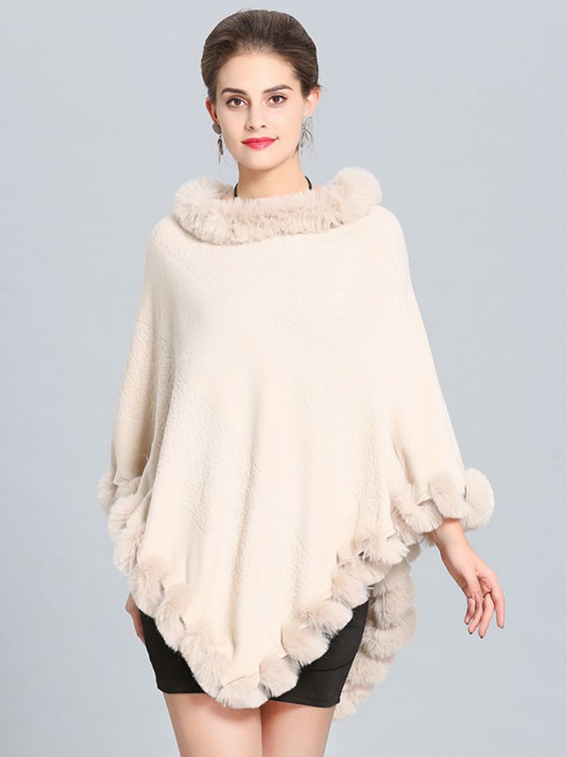 Burgund Poncho Pels Hem Cape Spring Yttertøy For Dame - Beige