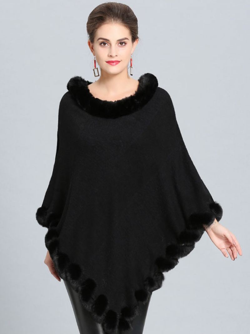 Burgund Poncho Pels Hem Cape Spring Yttertøy For Dame - Sort