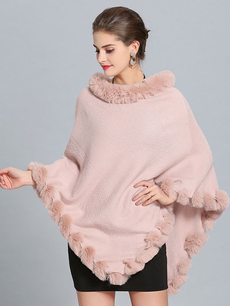 Burgund Poncho Pels Hem Cape Spring Yttertøy For Dame - Myk Rosa