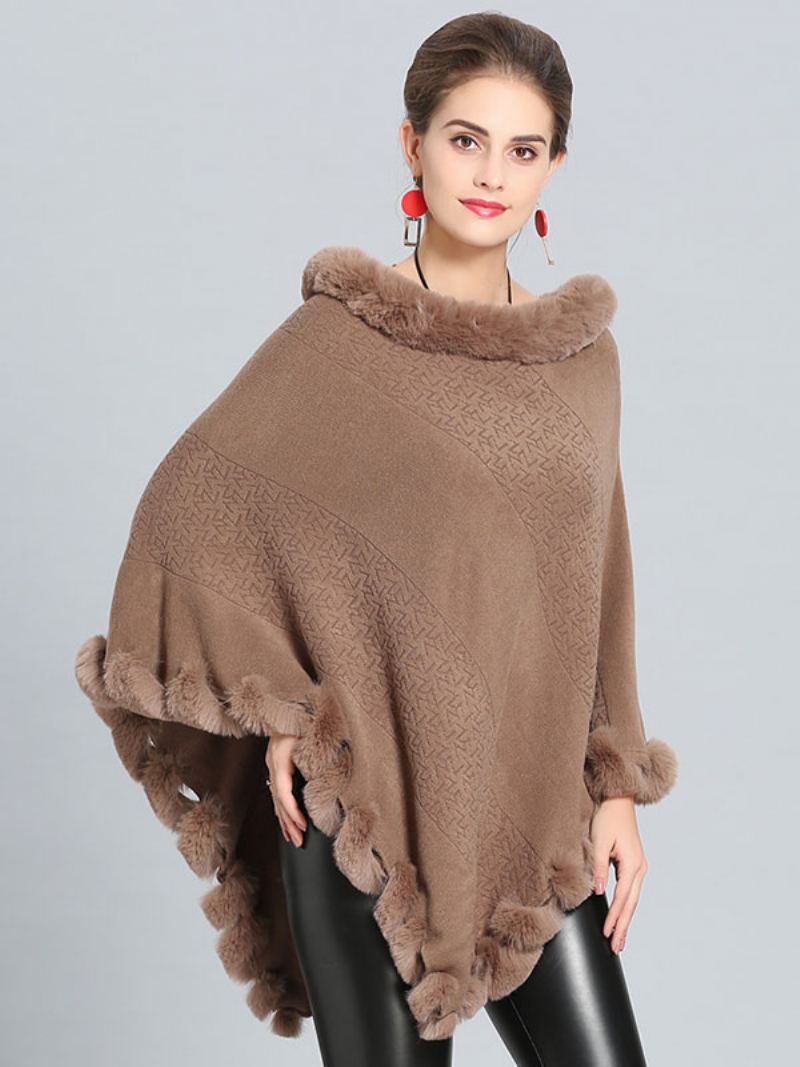 Burgund Poncho Pels Hem Cape Spring Yttertøy For Dame - Khaki