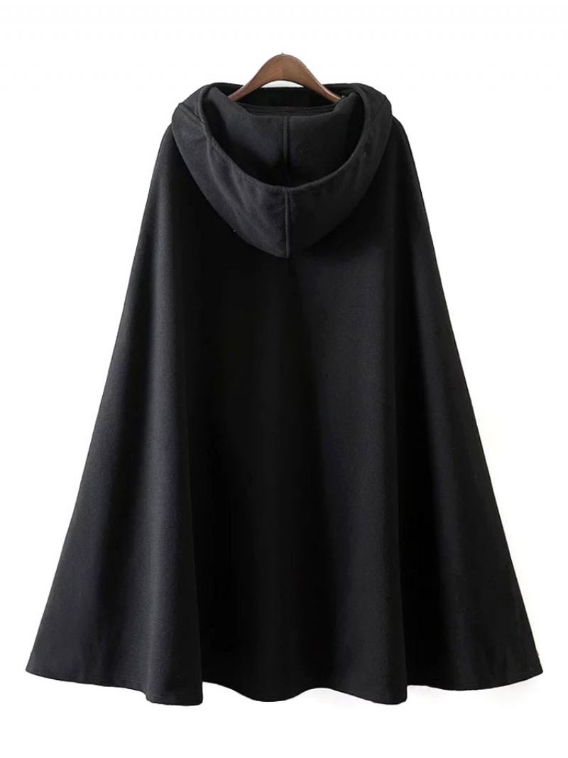 Dame Kåpe Cape Hettegenser Jakke Poncho - Sort