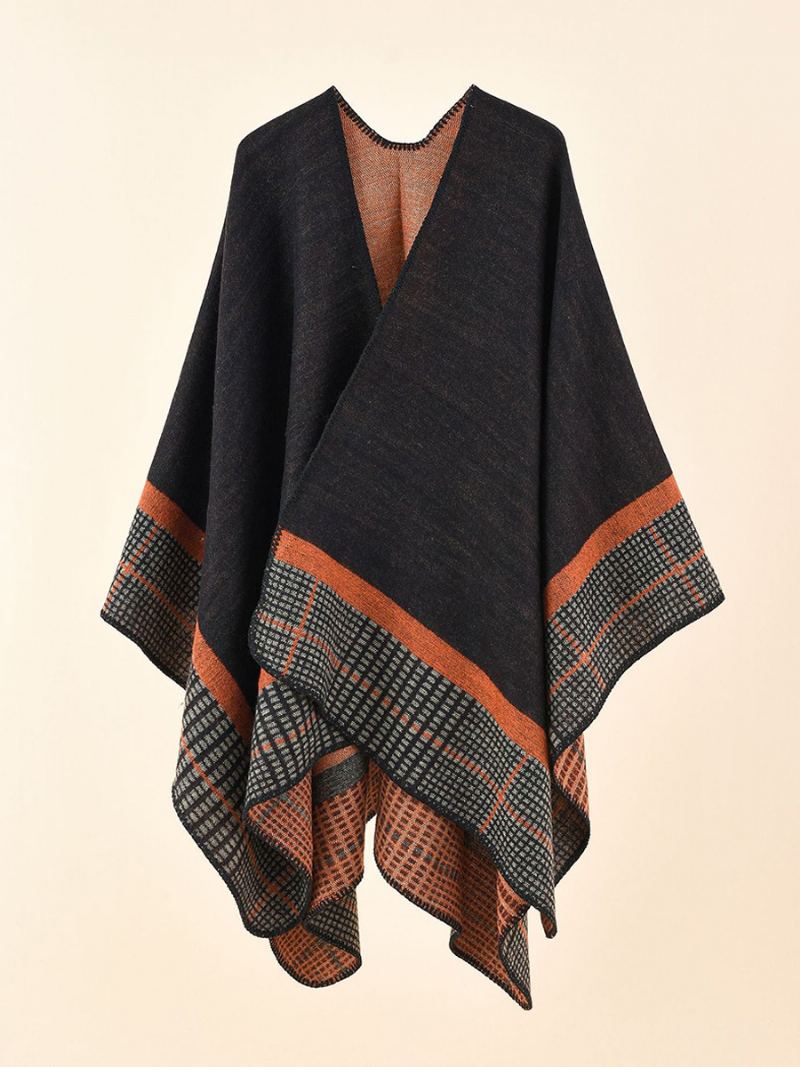 Dame Olive Cape Plaid Vår Sommer Høst Vinter Poncho - Sort