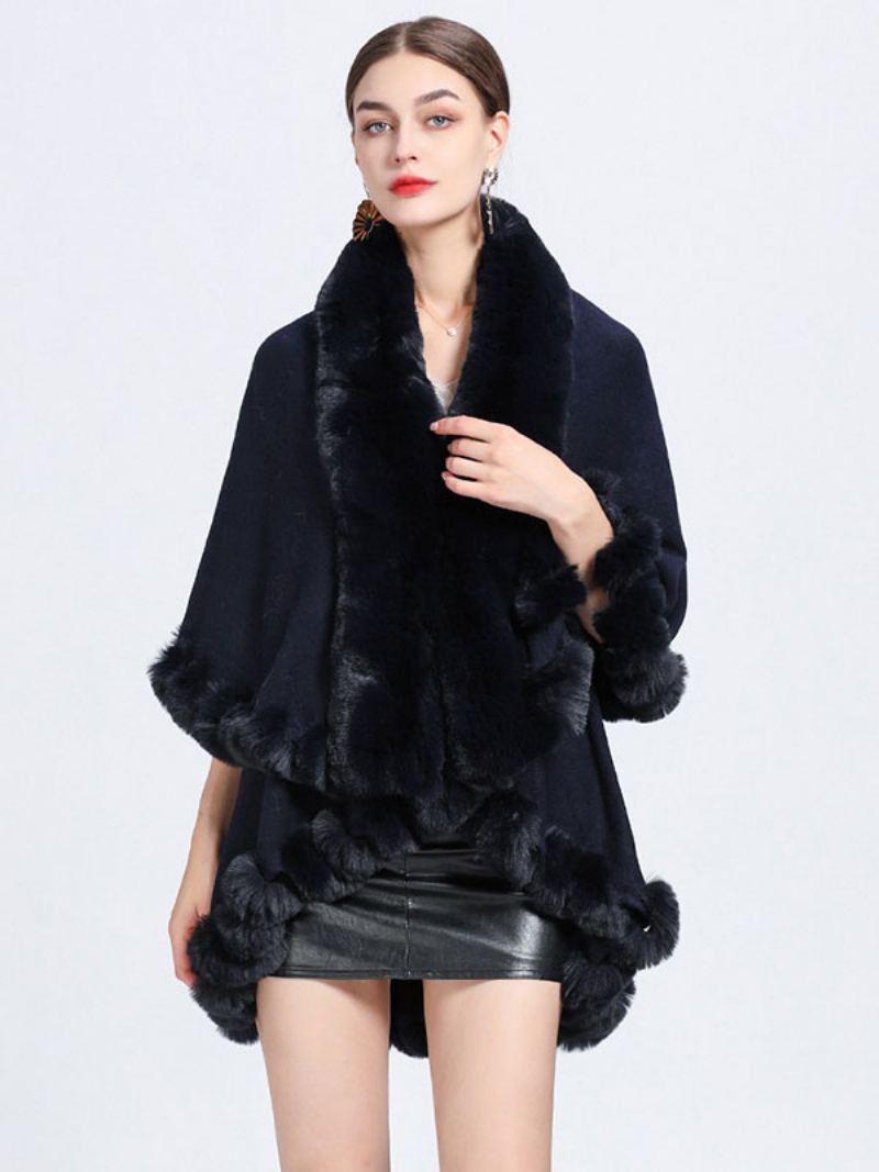 Dame Poncho Faux Fur Krage Cape Spring Yttertøy - Mørk Navy