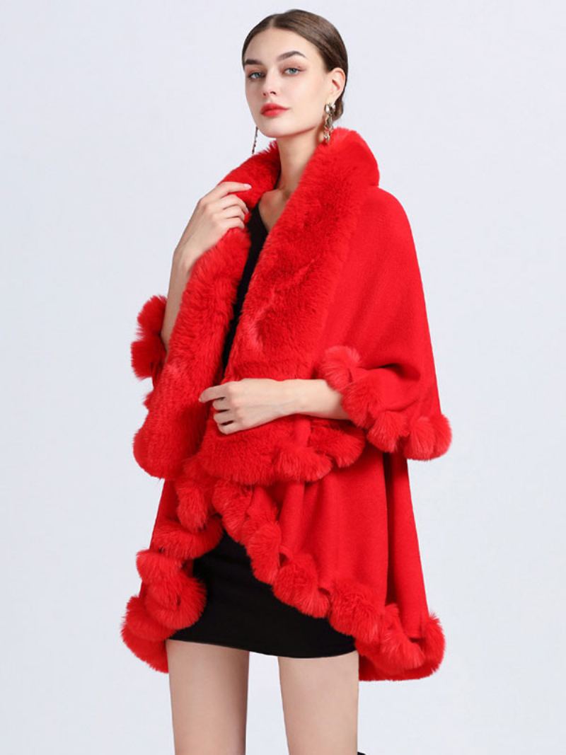 Dame Poncho Faux Fur Krage Cape Spring Yttertøy - Rød