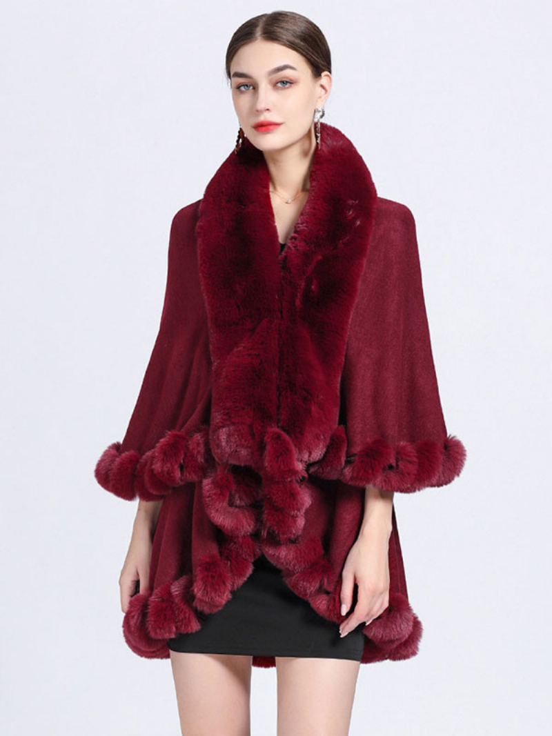 Dame Poncho Faux Fur Krage Cape Spring Yttertøy - Burgunder