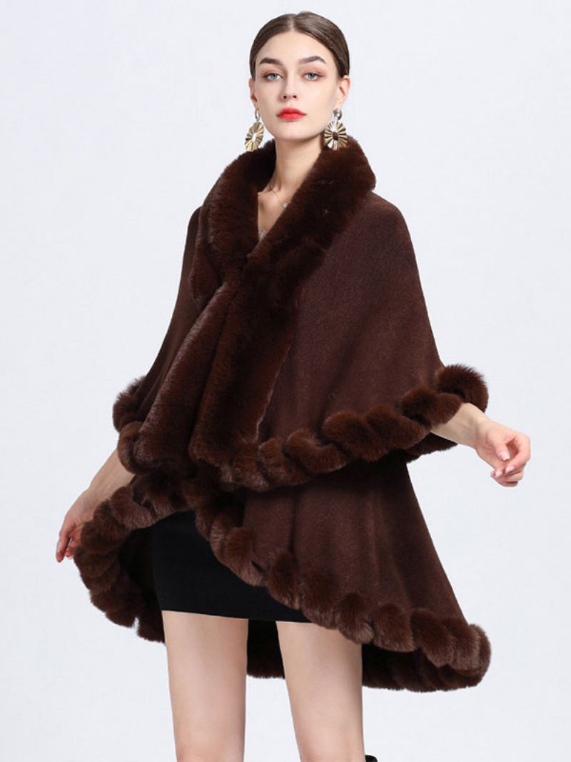 Dame Poncho Faux Fur Krage Cape Spring Yttertøy - Kaffebrun