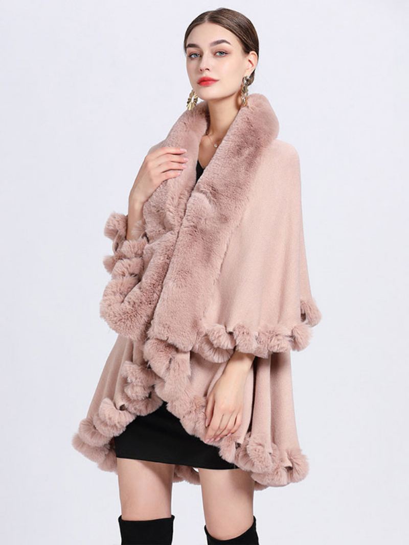 Dame Poncho Faux Fur Krage Cape Spring Yttertøy - Rosa