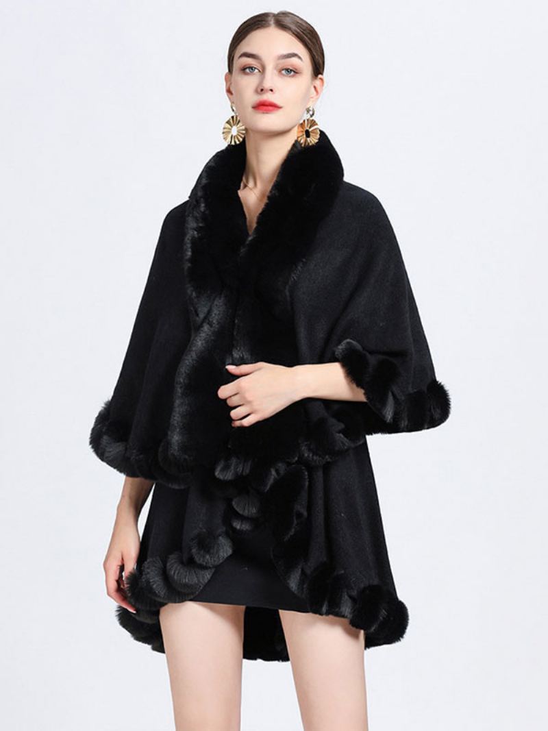 Dame Poncho Faux Fur Krage Cape Spring Yttertøy - Svart