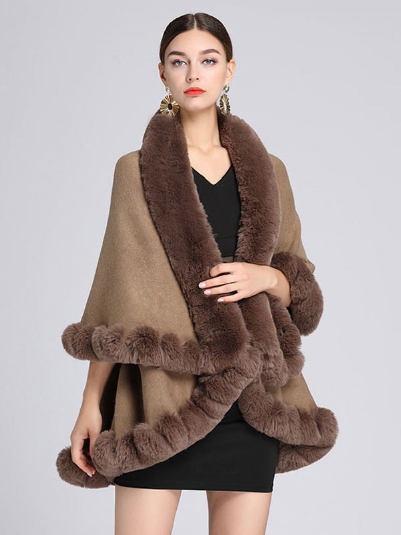 Dame Poncho Faux Fur Krage Cape Spring Yttertøy - Khaki