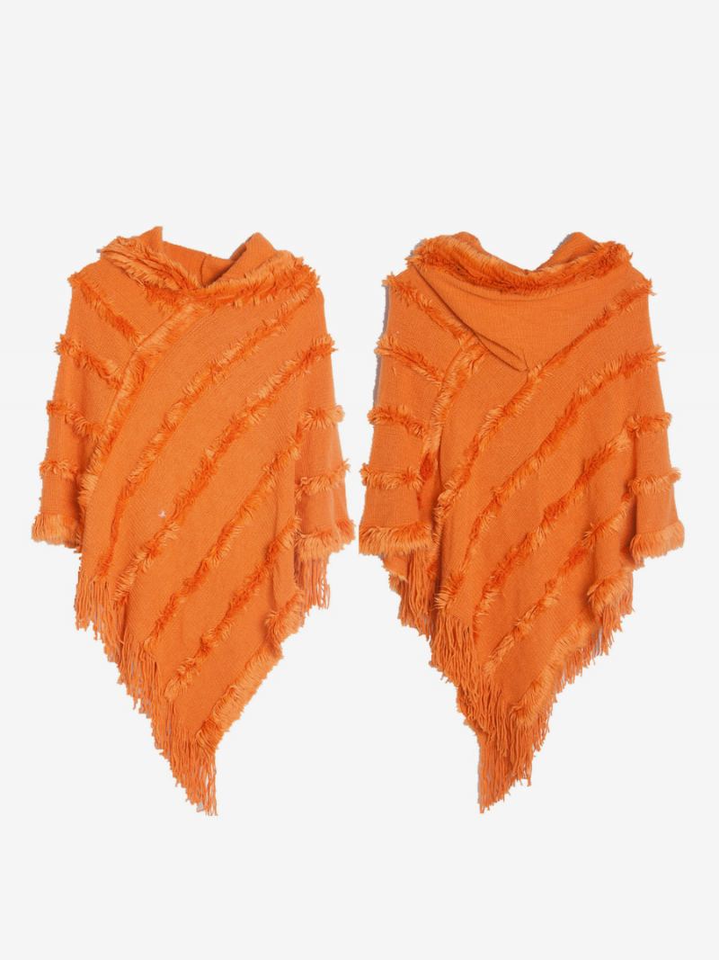 Dame Poncho Hette Grønn Oversized Fringe Cape - Oransje