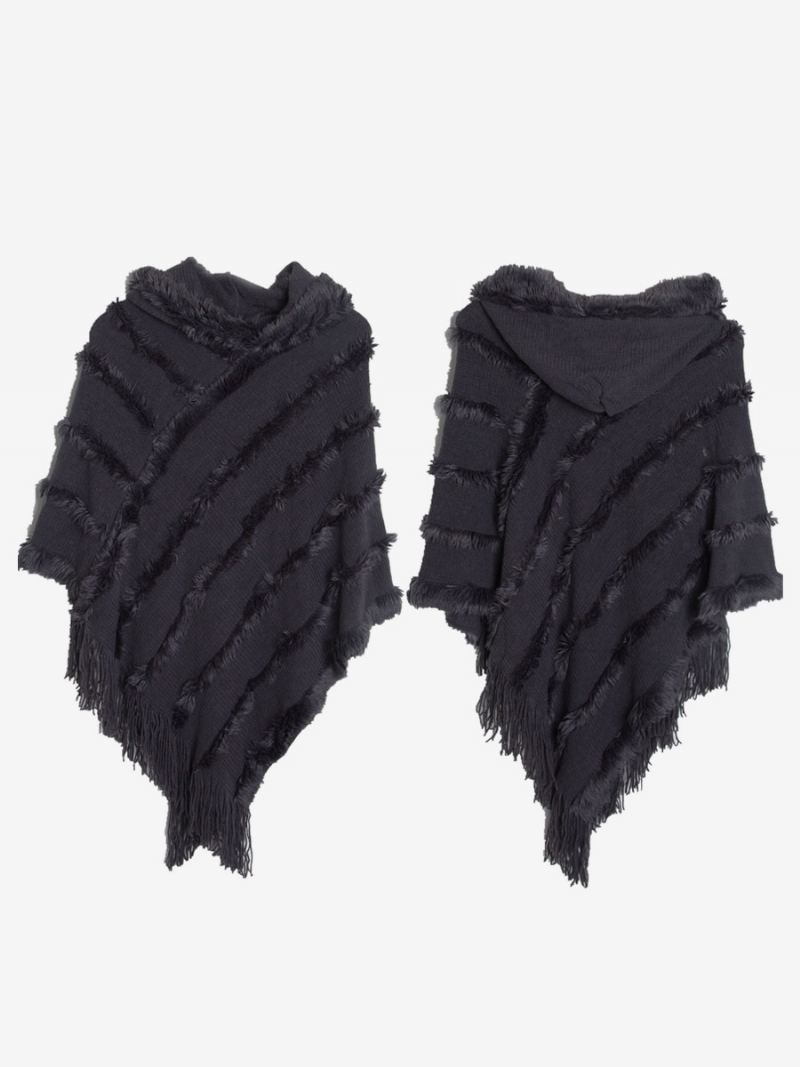 Dame Poncho Hette Grønn Oversized Fringe Cape - Grå