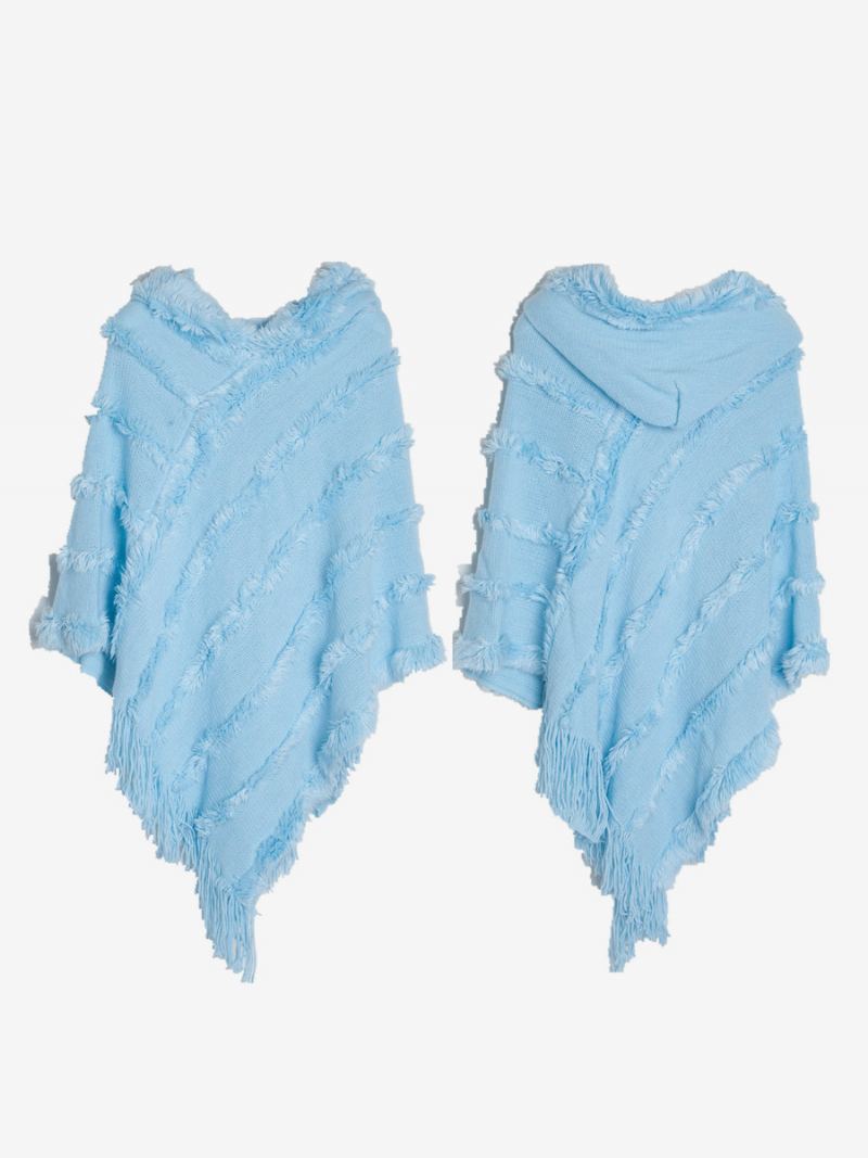 Dame Poncho Hette Grønn Oversized Fringe Cape - Lys Himmelblå