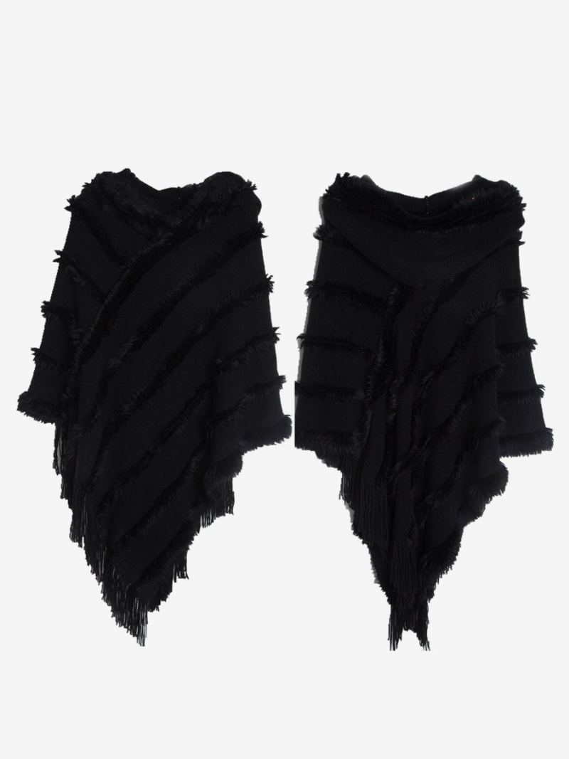 Dame Poncho Hette Grønn Oversized Fringe Cape - Sort