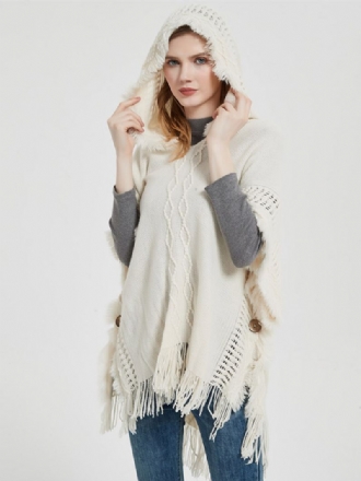 Dame Poncho Hette Hallow Fringe Trim Oversized Strikket Cape