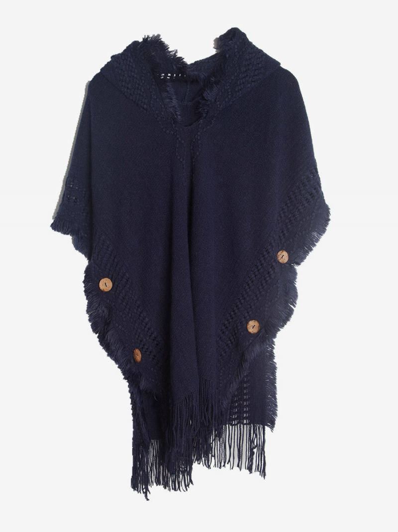 Dame Poncho Hette Hallow Fringe Trim Oversized Strikket Cape - Mørk Navy