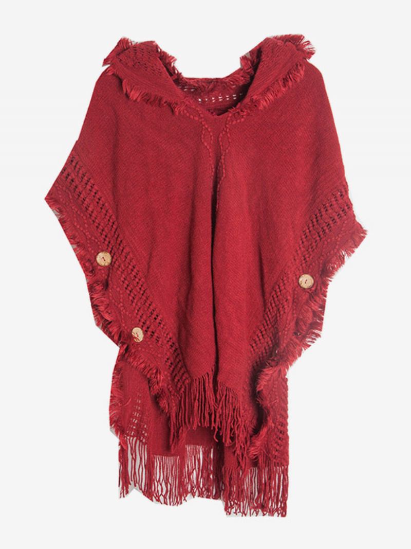 Dame Poncho Hette Hallow Fringe Trim Oversized Strikket Cape - Rød