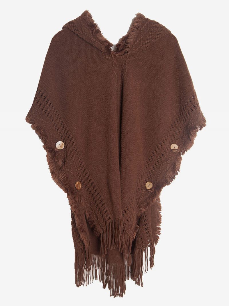 Dame Poncho Hette Hallow Fringe Trim Oversized Strikket Cape - Kaffebrun