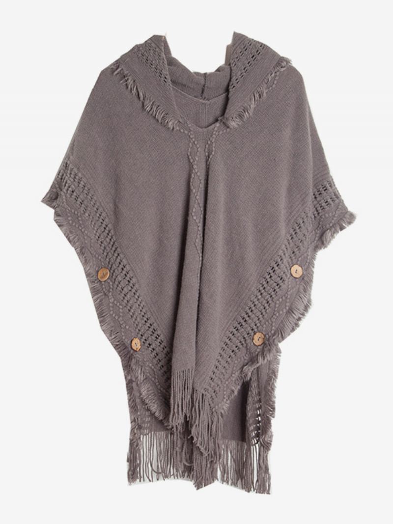 Dame Poncho Hette Hallow Fringe Trim Oversized Strikket Cape - Grå