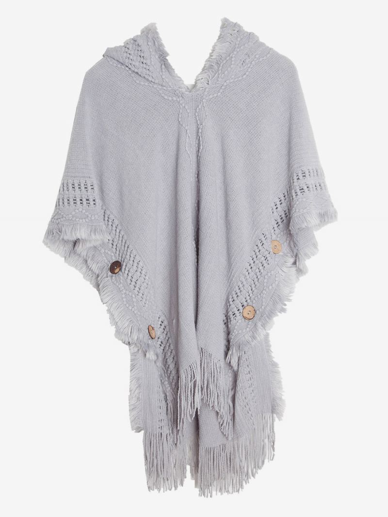 Dame Poncho Hette Hallow Fringe Trim Oversized Strikket Cape - Lysegrå