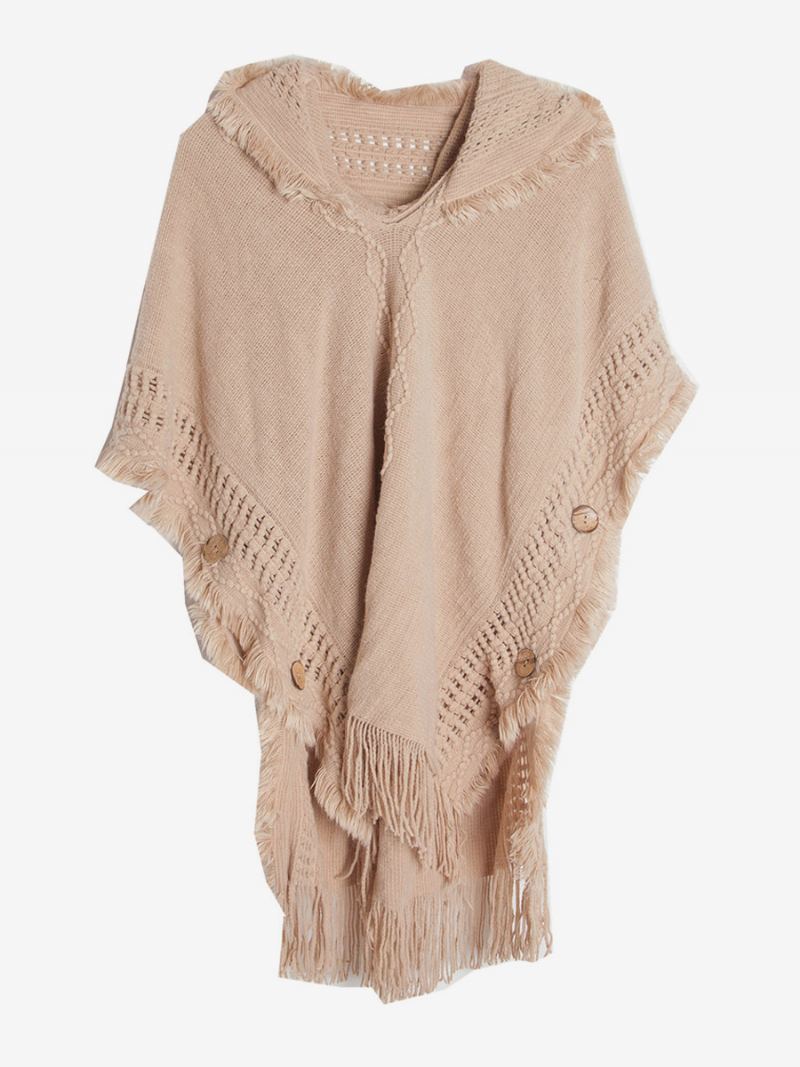 Dame Poncho Hette Hallow Fringe Trim Oversized Strikket Cape - Kamel