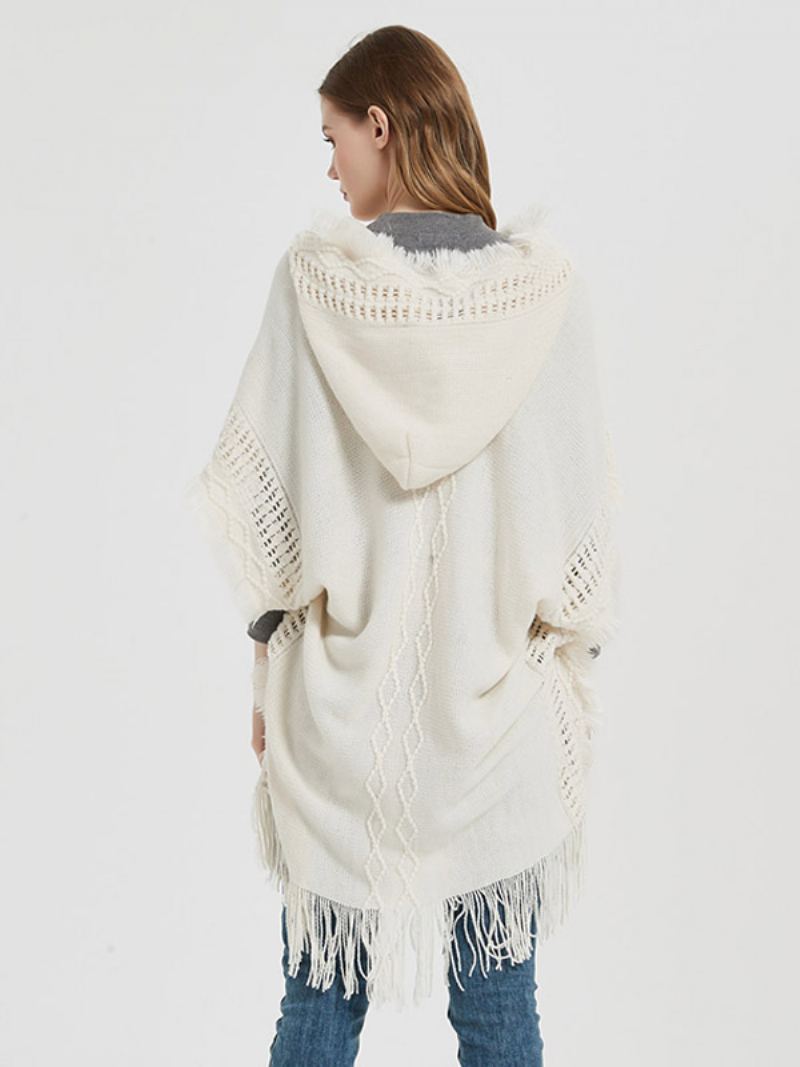 Dame Poncho Hette Hallow Fringe Trim Oversized Strikket Cape - Beige