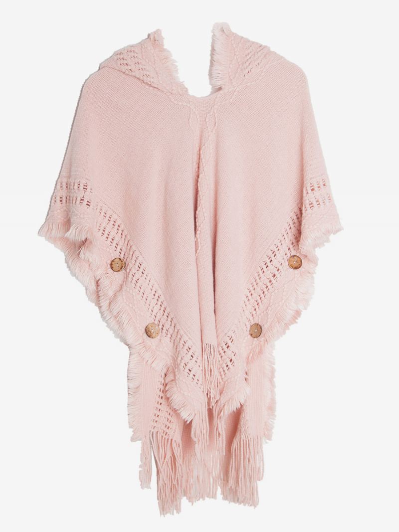 Dame Poncho Hette Hallow Fringe Trim Oversized Strikket Cape - Rosa