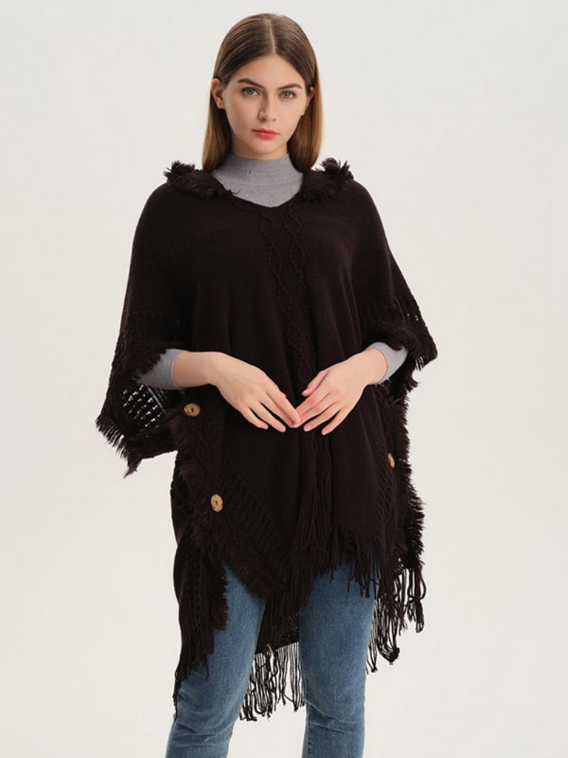 Dame Poncho Hette Hallow Fringe Trim Oversized Strikket Cape - Sort