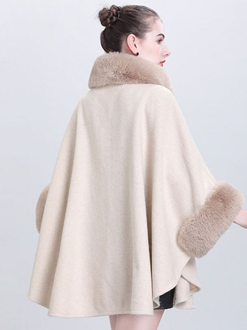 Dame Poncho Høy Krage Lys Grå Oversized Fuskepels Cape - Beige