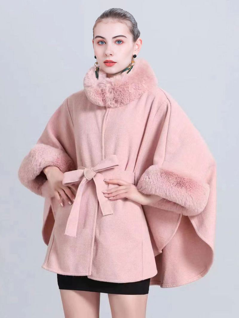 Dame Poncho Høy Krage Lys Grå Oversized Fuskepels Cape - Rosa