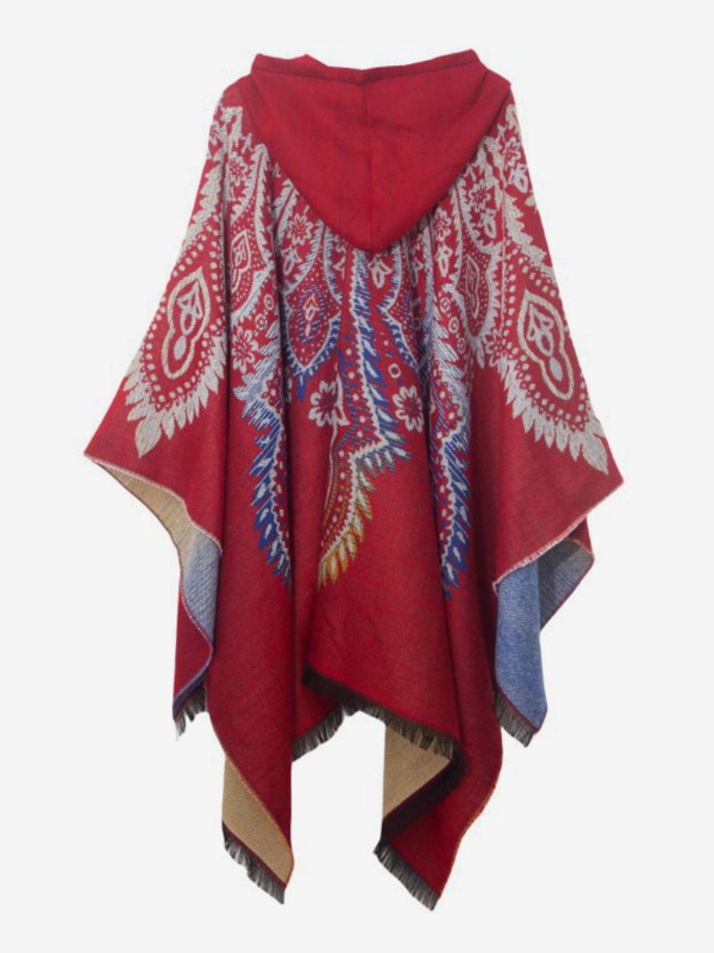 Dame Poncho Trykt Hette Rød Oversized Fringe Cape - Rød