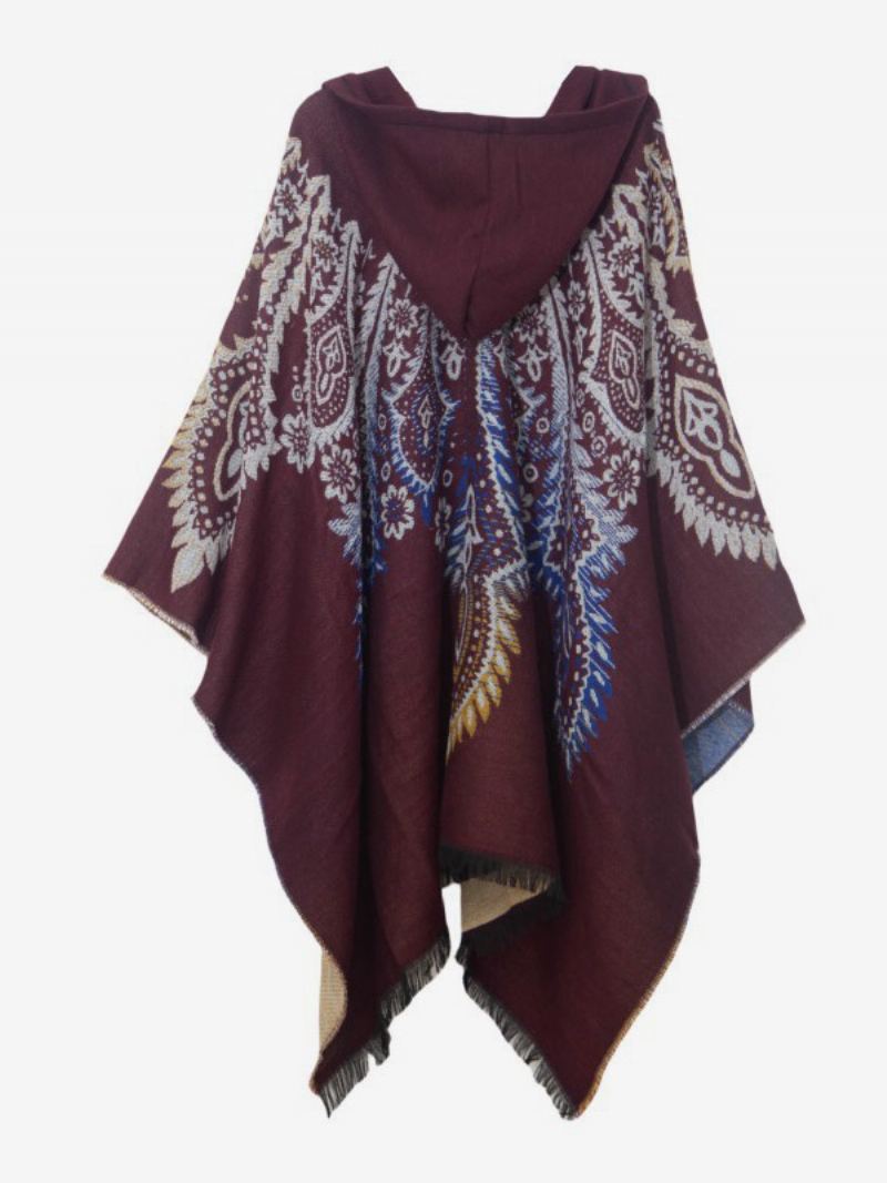 Dame Poncho Trykt Hette Rød Oversized Fringe Cape - Kaffe Brun