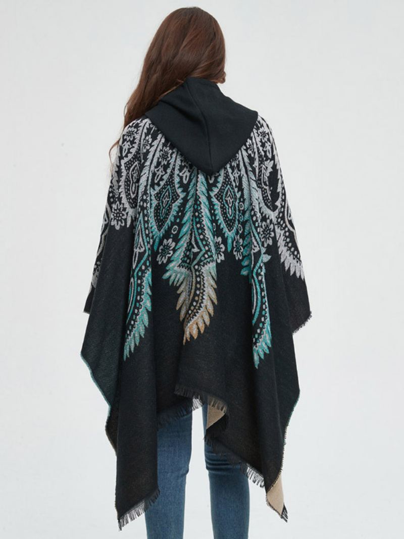 Dame Poncho Trykt Hette Rød Oversized Fringe Cape - Sort