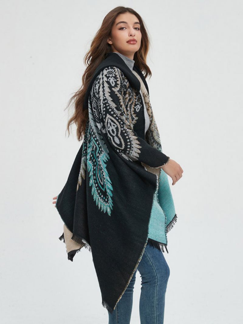 Dame Poncho Trykt Hette Rød Oversized Fringe Cape - Sort