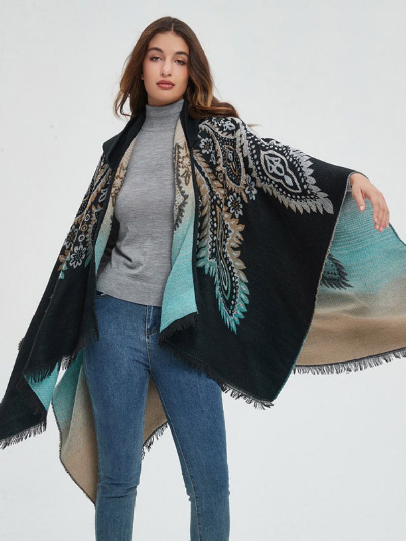 Dame Poncho Trykt Hette Rød Oversized Fringe Cape - Sort