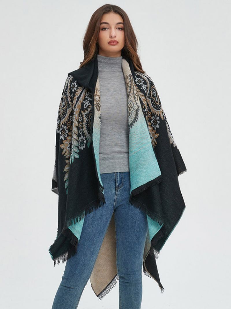 Dame Poncho Trykt Hette Rød Oversized Fringe Cape - Sort