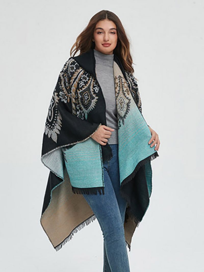 Dame Poncho Trykt Hette Rød Oversized Fringe Cape - Sort