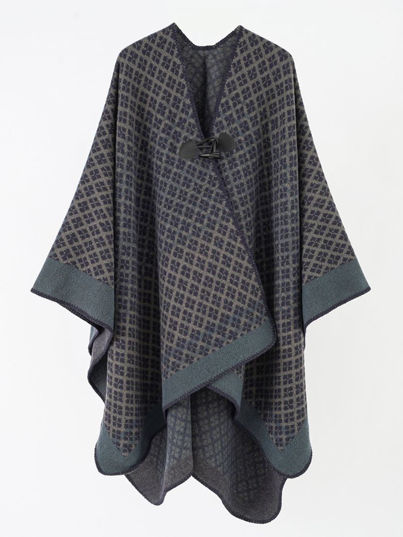 Dametrykt Cape Toggle Closure Daily Casual Poncho - Mørk Marineblå